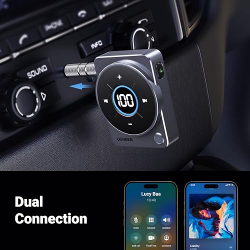 UGREEN 5.4 Bluetooth Car Adapter, [Noise Cancellation] Aux Bluetooth Receiver for Car, 3.5mm Wireless Audio Receiver for Music/Hands-Free Call/Home Stereo/Wired Speaker, 20H Battery Life