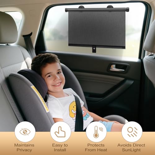 Car Window Shade for Side Windows, 2 Pack Sun Shade Retractable for Car Blocks Heat and UV Rays Glare Protection Roller Sunshade Visor for Baby, Kids, Pets, Passengers