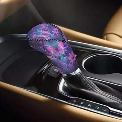 KEIAHUAN 2 Pack Purple Butterfly Car Gear Shift Knob Cover & Handbrake Cover Breathable Anti-Slip Comfy Gear Shift Covers Universal for Most Cars,Sedans,SUVs - color: Butterfly-purple