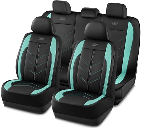Skechers Car Seat Covers,Luxury Faux Leather Seat Covers,Waterproof Anti Slip Car Seat ProtectorFull Set,Car Accessories Airbag Universal Fit for Most Cars,Vans,Trucks,SUV,Mint - color: Black and Mint, size: Full Set
