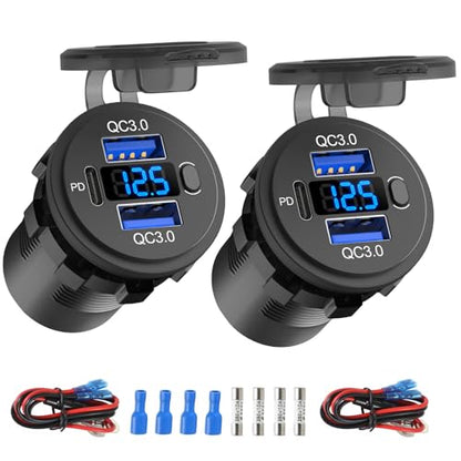 Hapytrip 2 Pack 12 Volt USB Outlet Dual Quick Charge 3.0 Port and PD3.0 USB C Car Battery Chargers Socket, Waterproof 12V Power Outlet Cigarette Lighter Replacement DIY Kit with Voltmeter and Switch - color: pack of two