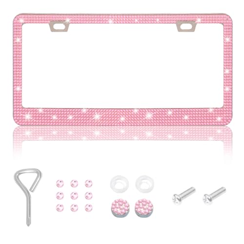 1 Pack Bling License Plate Frames, Bedazzled Sparkly Cute Water Diamond Stainless Steel，Car Accessories with Diamond Sparkle Glitter Caps，Suitable for Both Men and Women(Pink) - color: Pink, size: 1
