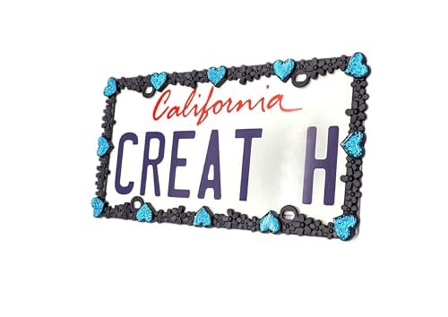Creathome 3D Shining Daisy Heart License Plate Frame from Pure Zinc Alloy Metal Perfect Plate Holder, Matt Black with Blue Glitter, Luminously Heart - color: Matt Black with Blue Glitter, Luminously Heart