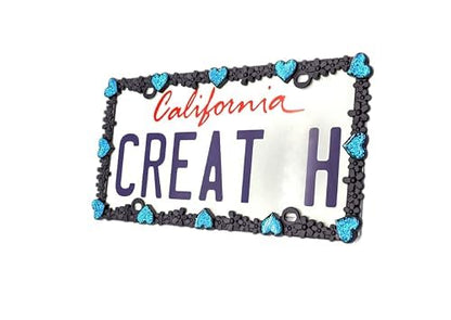 Creathome 3D Shining Daisy Heart License Plate Frame from Pure Zinc Alloy Metal Perfect Plate Holder, Matt Black with Blue Glitter, Luminously Heart - color: Matt Black with Blue Glitter, Luminously Heart