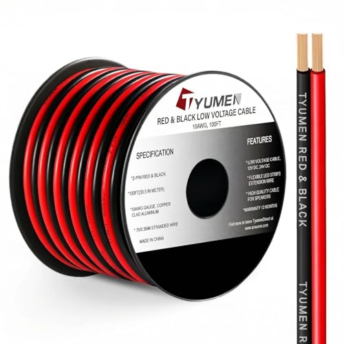 TYUMEN 10 Gauge Wire 100FT, 10AWG Red Black Electrical Wire LED Strips Extension Cord 12V/24V DC Cable, 10 AWG 2 Conductors Flexible Low Voltage Wire for in-Home, Autos, Speaker use - size: 100 Feet, style: 10/2 Gauge