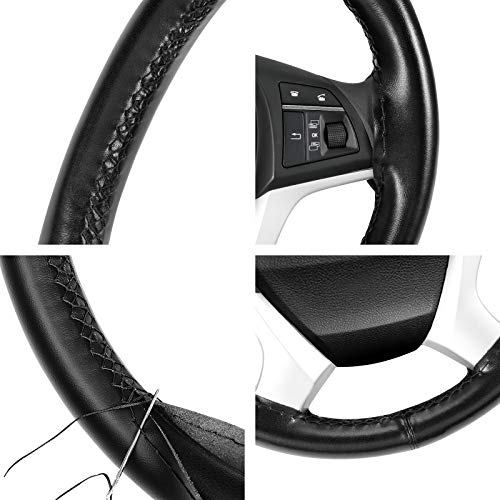 SEG Direct Genuine Leather Steering Wheel Cover, Stitch On Wrap, 15 Inch Steering Wheel Wrap for Car Truck SUV Pickup Boat, DIY Sewing with Needle Thread, Black - color: Black