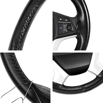 SEG Direct Genuine Leather Steering Wheel Cover, Stitch On Wrap, 15 Inch Steering Wheel Wrap for Car Truck SUV Pickup Boat, DIY Sewing with Needle Thread, Black - color: Black