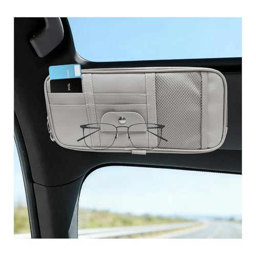 Car Sun Visor Organizer, Multi-Pocket Leather Auto Storage Pouch with Glasses Clip & Zippers, Multifunctional Sun Visor Storage Bag Ticket Organizer for Cars Trucks SUVs (Gray) - color: Gray