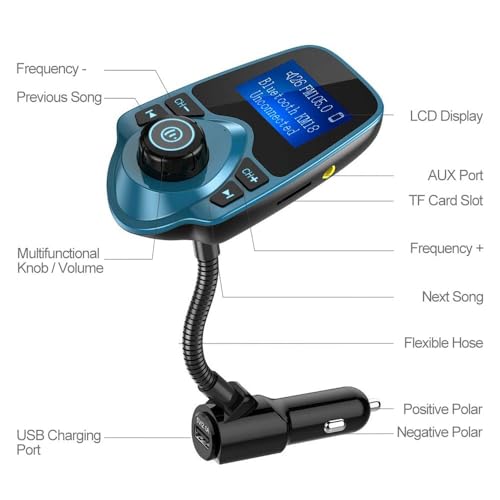 Nulaxy Bluetooth Car FM Transmitter Audio Adapter Receiver Wireless Handsfree Voltmeter Car Kit TF Card AUX 1.44 Display – KM18 Peacock Blue - color: Blue