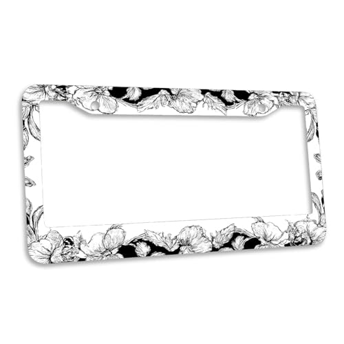 Floral Line Art License Plate Frame Vintage Black White Botanical Personalise Stainless Steel Metal Car Plates Funny License Plate Frames Decorative for Men Women 6.3 x 12.2 in - color: Floral Line Art, size: 6.3 X 12.2 In-1PC
