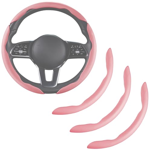 Nappa Leather Car Steering Wheel Cover for Men Women, Ultra-Thin Non-Slip Breathable Microfibre, Universal for 14.5"-15" Steering Wheel - Pink - color: Pink