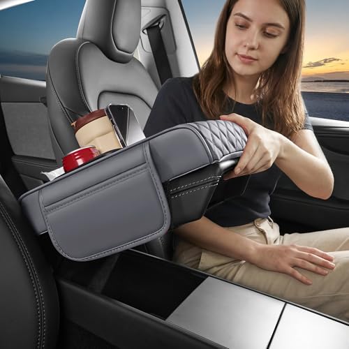 5 in 1 Car Center Console Cover, Armrest Pad with 2 Storage Pockets, Cup Holder, Tissue Box Slot, Phone Holder, Universal Car Interior Organizer (Gray) - color: Gray