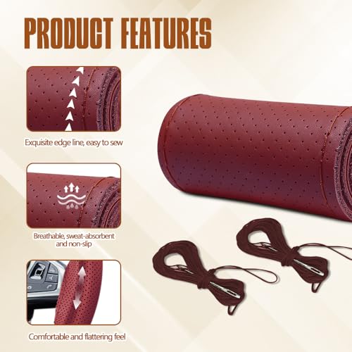 Leather Steering Wheel Cover, Lace Up, 15 inch, Wine Red, Universal Car Steering Wheel Protector - color: Wine red, size: 15 inch - Hole