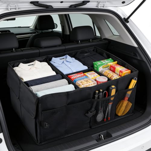 Trunk Organizer for Car, Black Foldable Car Organizers and Storage, Oxford Fabric Collapsible Trunk Storage Box with Multiple Compartments, for SUV Sedan Truck