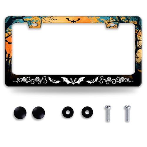 Halloween Bats License Plate Frame Retro Rose Floral License Plate Frames Funny Auto Accessory Stainless Steel License Plate Decoration for Women Men 12 x 6 Inch - color: Halloween Bats With Retro Rose