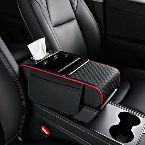 Center Console Cover,Car Armrest Cushion Multifunctional with 2 Storage Bags Cup Holder,Phone Slot,Tissue Box Slot for Most Cars Accessories Interior Organizers-Black+Red 13.8x7.9 in - color: blackRed