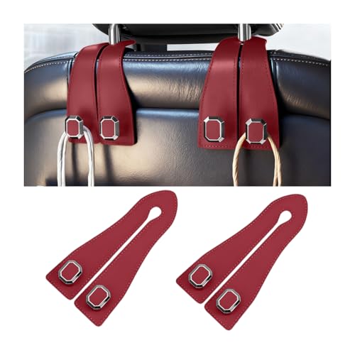 2PCS Car Headrest Hooks, Nappa Leather Metal Vehicle Double Seat Back Storage Hook for Purse Bag Coat, Multifunctional Automotive Interior Hanging Hanger, Universal Fit (Wine Red) - color: Wine Red