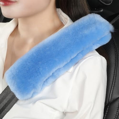 AOGELAN Fluffy Fuzzy Genuine Sheepskin Car Seat Belt Covers for Soft Auto Lambswool Seatbelt Pads, Shoulder Strap Cushion Adults Kids (2, Blue) - color: Blue