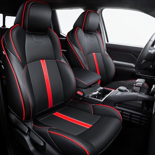 Leather Seat Covers Custom Fit for 2024-2026 Tacoma Gen 4th Double Cab - Fully Covered - Fit Like a Glove - Center Console Armrest Covers Included - for Tacoma Accessories - color: ( Black-Red ) & Full Set, size: For Tacoma Gen 4th (2024-2026) & Crew Cab