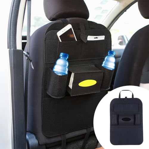 LAINLOY Felt Car Seat Back Organizer, Kick Mats Car Back Seat Protector for Kids, 6-Pocket Storage for Tissue, Box, Pen, Toy, Automobile Road Trip Accessories for SUV, RV, Truck (Black) - color: Black