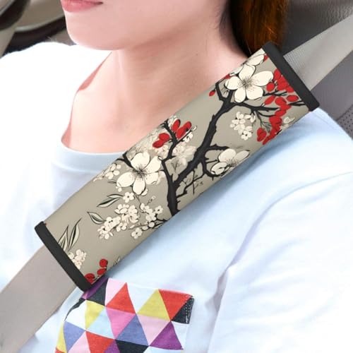 Seat Belt Cover Pad Japanese Red White Cherry Blossom Soft Safety Car Automotive Seat Belt Pads Cushion Shoulder Strap Covers for Cars or Bags, 2 Pcs - color: Japanese Red White Cherry Blossom