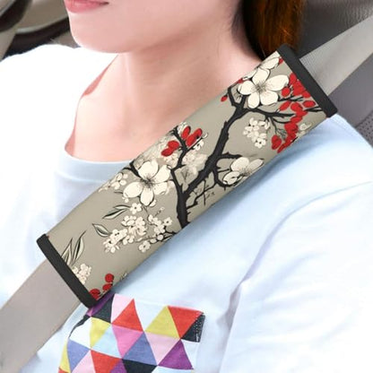 Seat Belt Cover Pad Japanese Red White Cherry Blossom Soft Safety Car Automotive Seat Belt Pads Cushion Shoulder Strap Covers for Cars or Bags, 2 Pcs - color: Japanese Red White Cherry Blossom