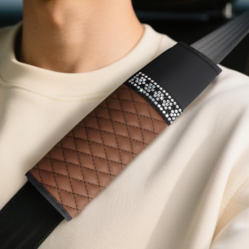wuyaoyao 2PCS Bling Car Seat Belt Cover Pad, Breathable Leather Seatbelt Covers for Cars, Soft Comfortable Seatbelt Shoulder Strap Covers, Rhinestone Auto Seat Belt Protector Cushion (Coffee) - color: Coffee