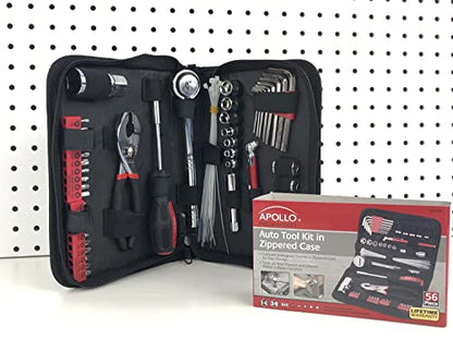 Apollo Tools 56 Piece Compact SAE Auto Tool Set in Zippered Case, Small Mechanic Tool Set for Car Emergency, Motorcycle Repair on the Road, Great for Travel Tool Needs - Red - DT9774 - size: 56 Piece, style: SAE