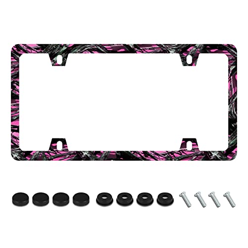Pink Camo License Plate Frame Camouflage License Plate Holder Funny Stainless Steel Auto Parts Personalise Decoration with Screws for Men Women 4 Holes - color: Pink Camo, size: 1 Pack