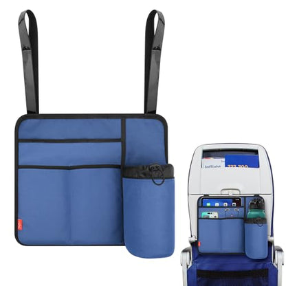 Airplane Seat Back Organizer & Storage, Airplane Tray Table Cover for Personal Items, Airline Seat Hanging Pockets Media Pouch,Reusable Travel Essentials,Fits Tablets,Cell Phone,Water Bottle (Blue) - color: Blue
