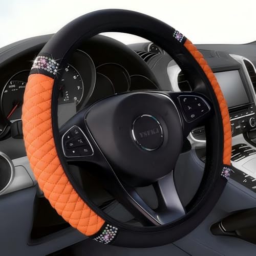 Soft Leather Car Steering Wheel Cover, Universal 15 Inch Colorful Rhinestones Anti-Slip Elastic Steering Wheel Covers for Most Cars, Sparkly Crystal Diamond for Women Girls (Orange) - color: Orange