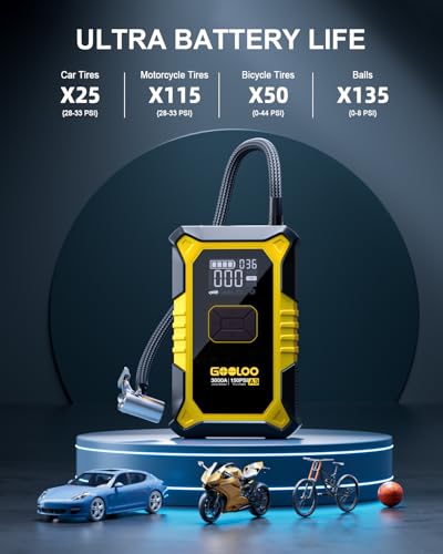 GOOLOO A3 Jump Starter with Air Compressor, 3000A Portable Car Battery Jumper Starter (9.0L Gas/6.5L Diesel) with 150PSI Auto-Shutoff Tire Inflator, 12V Supersafe Lithium Jump Box Car Booster, Yellow - color: Yellow