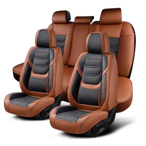 TIEHESYT Leather Car Seat Covers Full Set with Lumbar Support, Waterproof Car Seat Cover, Universal Seat Covers for Cars, Trucks, SUVs, Sedans, Airbag Compatible, Front Pair and Rear, Brown&Black - color: Brown&Black, size: Front Pair and Rear Headrestles