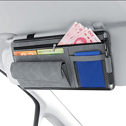 Car Sun Visor Organizer - Glasses Case, Note Holder, Suede Zipper, Card Holder - Gray - color: gray