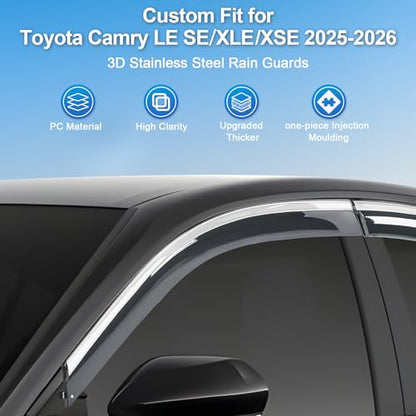 Sze Rain Guards Compatible with 2025 2026 Toyota Camry Side Window Deflectors Anti-Rain Window Visors with Tape 304 Stainless Steel Trim–Noise Reduction & All-Weather Protection Outside Channel-4pcs - style: Toyota Camry 2025 2026