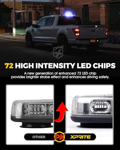 Xprite Upgraded 12" 72LED Rooftop Mini Strobe Lights, Emergency Safety Flashing Beacon Light Bar with Magnetic Base for 12V-24V Construction Vehicles, Trucks, Snow Plow, Postal Car (Blue) - color: Blue