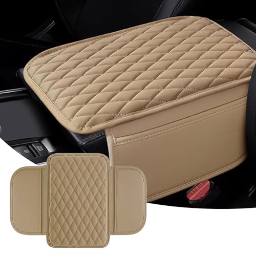 Car Center Console Cover, Upgraded Leather Arm Rest Cover for Car SUV, Car Middle Armrest Console Cover with 2 Storage Bags Scratch Resistant Waterproof Universal Car Accessories (Beige) - color: Beige