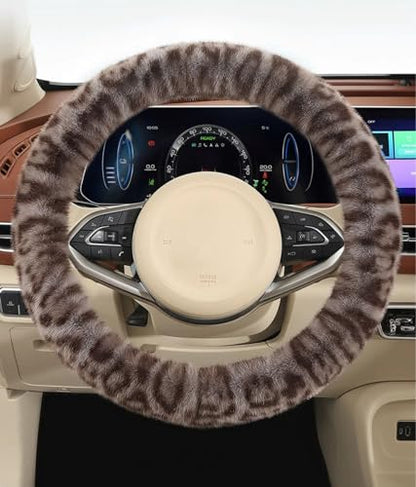 Fluffy Cheetah Car Steering Wheel Cover Luxurious Faux Fur Leopard Print Cute Wheel Protector Universal 15 Inch Fit for Vehicle, Car, Auto, SUV Winter Warm (Gray) - color: Gray