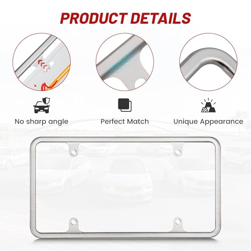 RED WOLF Chrome Polished Mirror License Plate Frame Stainless Steel Without Obstruction Car Slim Silver License Plate Holder Rustproof Unbreakable with Screws 6 x 12” Universal for Car Van (1-Pack) - style: 1-pack