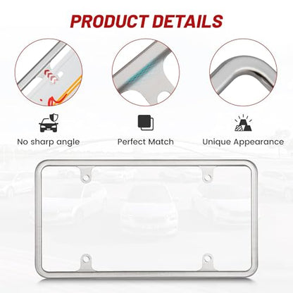 RED WOLF Chrome Polished Mirror License Plate Frame Stainless Steel Without Obstruction Car Slim Silver License Plate Holder Rustproof Unbreakable with Screws 6 x 12” Universal for Car Van (1-Pack) - style: 1-pack