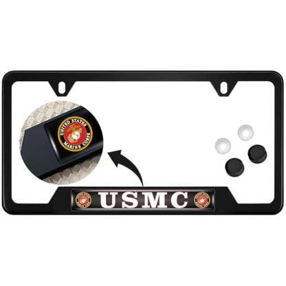 [Officially Licensed Product] - Stainless Steel Matte Black CAR 2-Hole Standard Size - Domed Custom-Made Corrosion-Resistant License Plate Frame with USMC Semper Fidelis Design & Free caps - (Qty: 1) - size: USMC