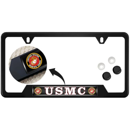 [Officially Licensed Product] - Stainless Steel Matte Black CAR 2-Hole Standard Size - Domed Custom-Made Corrosion-Resistant License Plate Frame with USMC Semper Fidelis Design & Free caps - (Qty: 1) - size: USMC
