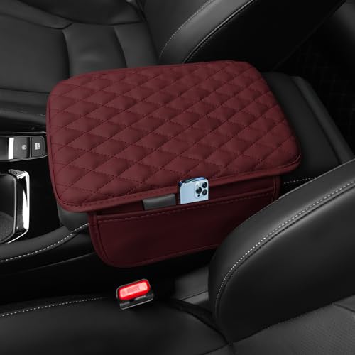 Arm Rest Cover for Car, Leather+Memory Foam Center Console Cover with Storage Bags, Universal Car Interior Accessories Middle Console Cover for Most Car Center Consoles (Volcanic red) - color: Volcanic red