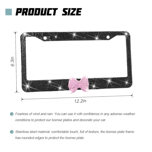 Bling Car License Plate Frame for Women, 2PCS Crystal Rhinestone Stainless Steel Vehicle Plate Holder, Glitter Diamond Sparkly Auto Plate Cover Accessories, Universal Fit (Black/Pink Bow) - color: Black/Pink Bow
