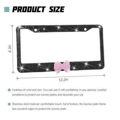 Bling Car License Plate Frame for Women, 2PCS Crystal Rhinestone Stainless Steel Vehicle Plate Holder, Glitter Diamond Sparkly Auto Plate Cover Accessories, Universal Fit (Black/Pink Bow) - color: Black/Pink Bow