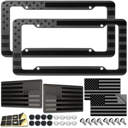 American Flag License Plate Frames - 2 Pack Black Patriotic USA Car Tag Frame, Raised 3D Stars & Stripes Plastic Holder with 3D Metal Decals - style: Black-Plastic