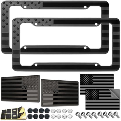 American Flag License Plate Frames - 2 Pack Black Patriotic USA Car Tag Frame, Raised 3D Stars & Stripes Plastic Holder with 3D Metal Decals - style: Black-Plastic