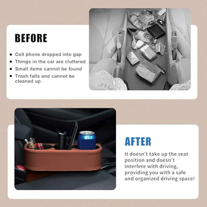 Car Cup Holder, PU Leather Auto Front Seat Organizer, Multifunctional Cup Drink Holders, Gap Filler Storage Box Coin Bucket Console Side Pocket Cell Mobile Phone Holder (Brown) - color: Brown