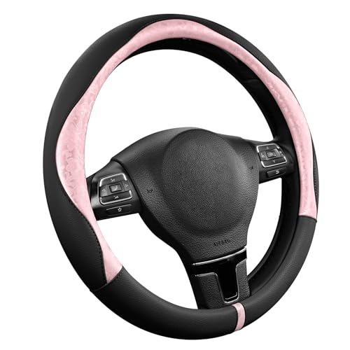 PIC AUTO Steering Wheel Cover, Pink Patterned & Black Leather Patchwork Design, Universal Fit 14.5"–15.5", Anti-Slip, Odor-Free, Soft PU Grain Leather, Durable Grip Car Accessory for Girls & Women - color: Pink & Black