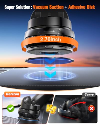 pop-tech Car Suction Dashboard Phone Holder:【360° Rotating & 30° Adjustable】 Vacuum Suction Cup Cell Phone Mount with Anti-Slip Spring Snap, Vehicle Dash Mobile Stand for iPhone Samsung, GPS Device